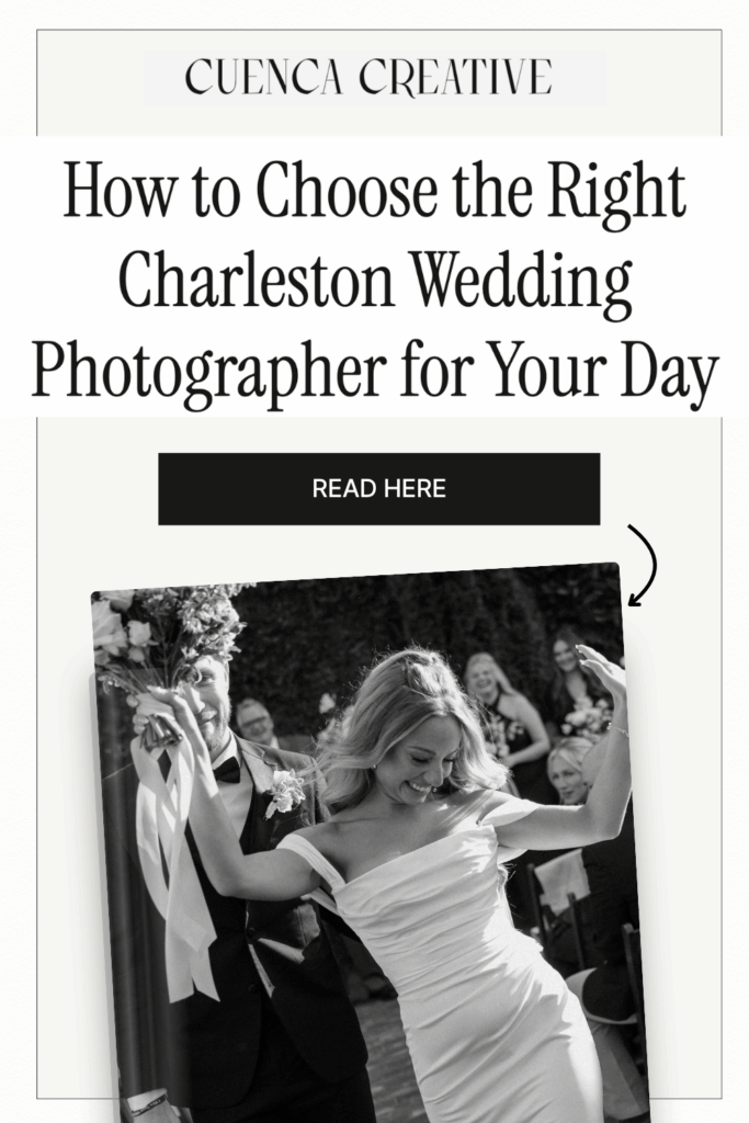 Pinterest graphic with blog title "How to Choose the Right Charleston Wedding Photographer for Your Day" featuring a joyful black-and-white photo of a bride and groom celebrating post-ceremony