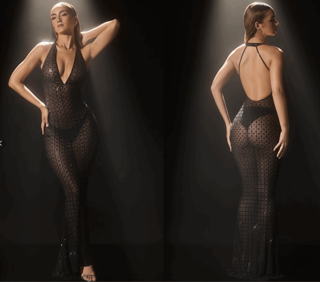 Person wearing a sheer black halter gown with square beaded detailing and an open back, photographed front and back under dramatic spotlight for engagement session fashion inspiration.