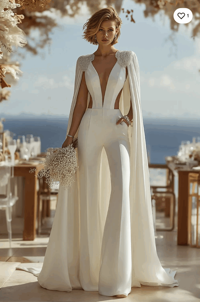 Woman with short hair wearing an Ivory Cut Out Deep V-Neck Bridal Jumpsuits with Cape holding a bouquet of baby's breath flowers in front of the ocean in Greece.