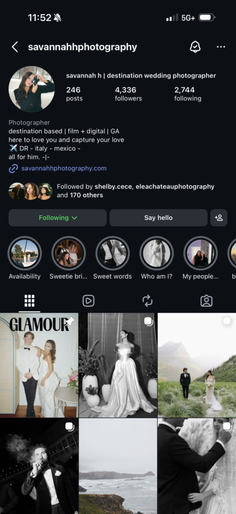 Instagram profile of Savannah H Photography, a destination wedding photographer known for clean compositions and refined editorial wedding imagery