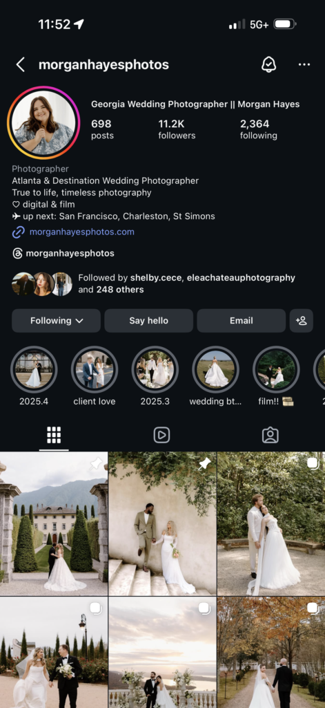 Instagram profile of Morgan Hayes Photography, a Georgia wedding photographer and educator known for heartfelt and natural wedding imagery