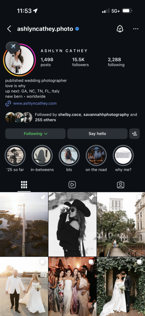 Instagram profile of Ashlyn Cathey, a wedding photographer known for emotional storytelling and timeless wedding imagery