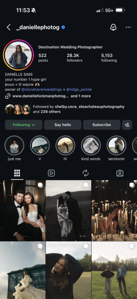 Instagram profile of Danielle Sims, a destination wedding photographer known for emotional storytelling and romantic wedding imagery