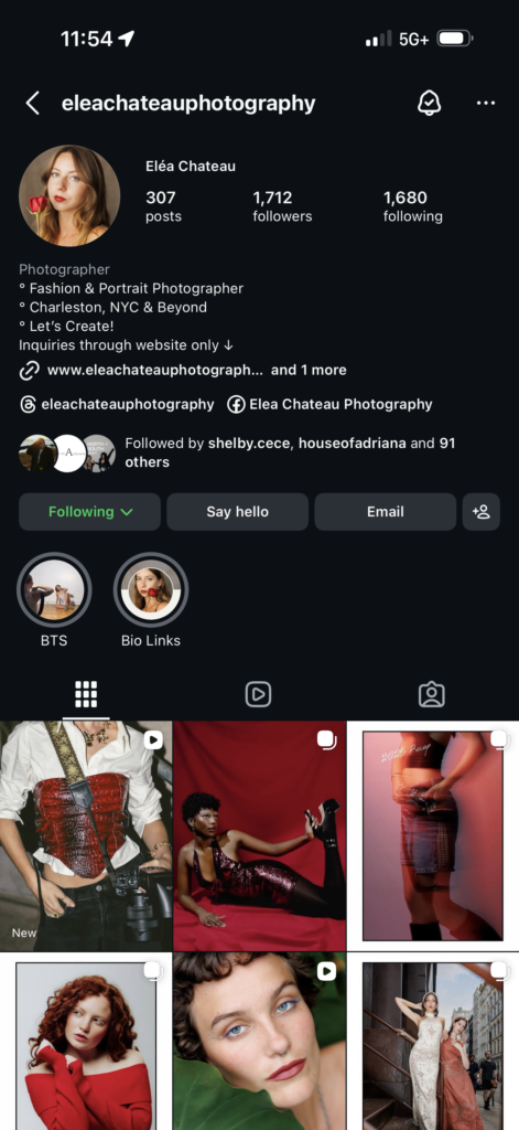 Instagram profile of Eléa Chateau, a Charleston based portrait and editorial photographer with a fashion forward visual style